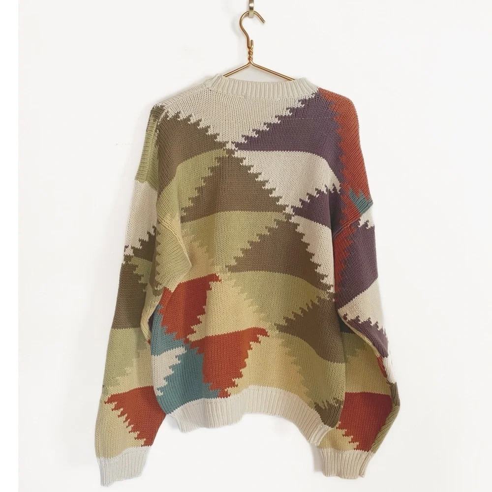 Vtg Perry Ellis knit Grandpa Sweater Geometric Triangle Colorful Mens size L